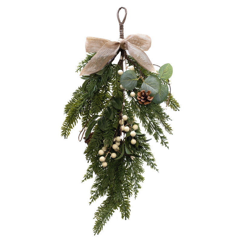 Mistletoe & Pine Cone Door Swag with Hessian Bow 55cm